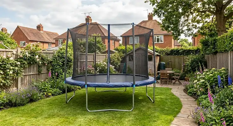 A sturdy 12ft trampoline installed in a typical British back garden