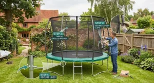 An illustration showing the easy assembly process for a 12ft trampoline with safety enclosure.