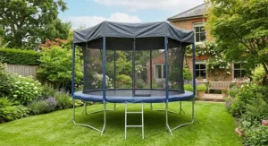 Complete 14ft trampoline kit including a sturdy access ladder and protective weather cover