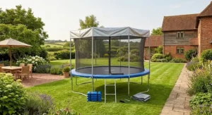 A 16ft trampoline accessory set including a safety ladder and protective cover for maintenance.
