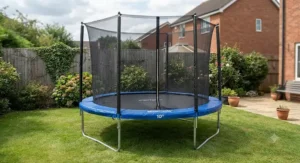 An affordable 10ft trampoline featuring a safety enclosure net