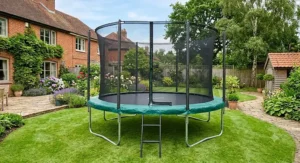 A fully assembled heavy duty 12ft trampoline on a flat lawn