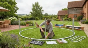 A parent assembling a 16ft trampoline in a back garden, showing the sturdy frame structure.
