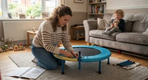 Parent assembling an easy-build indoor toddler trampoline with handle at home before playtime.