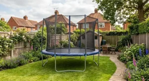 Wide angle view of a 12ft trampoline set up on a lawn