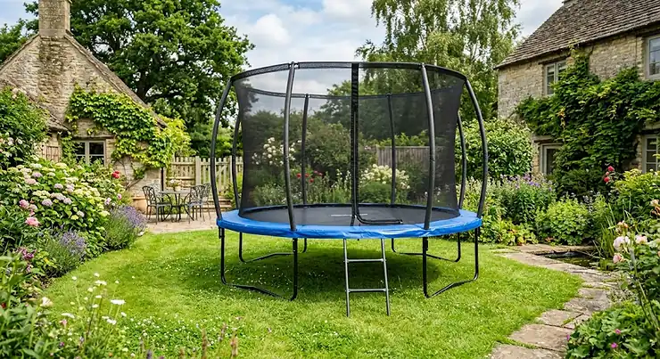 A high-quality 12ft trampoline set up in a lush green British garden best 12ft trampoline