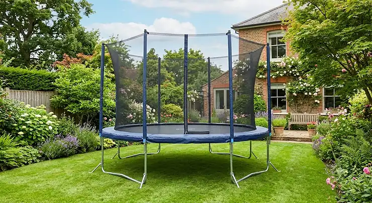 A large 14ft trampoline securely set up in a lush green British garden. best 14ft trampoline