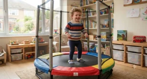 An affordable and colourful toddler trampoline set up in a brightly lit children's playroom