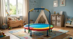 Brightly coloured indoor toddler trampoline with handle positioned in a nursery playroom for active play.