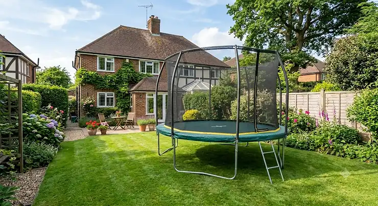A high-quality oval trampoline set up in a typical British back garden