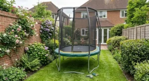 An oval trampoline fit for a narrow garden layout in the UK