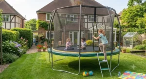 An oval trampoline with an included secure ladder for easy access