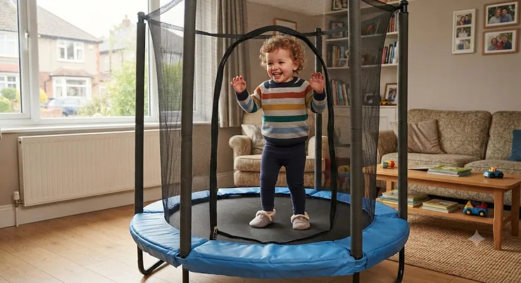 A happy toddler bouncing safely on an indoor toddler trampoline with a safety enclosure in a British living room, best toddler trampolines