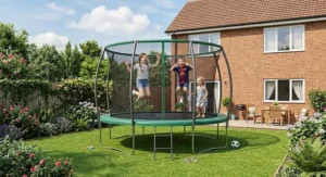 Group of children having fun jumping on a 12ft family trampoline with a high-quality safety net enclosure.