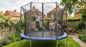 Children having fun jumping on a 12ft garden trampoline