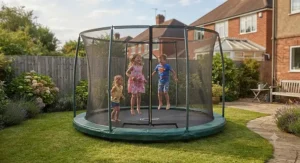 Young children having fun jumping safely on an inground round trampoline in a suburban garden