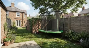 Compact oval trampoline designed for small or narrow gardens, featuring a safety enclosure net.