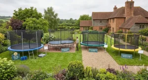 A selection of top-rated 16ft trampolines available for purchase, showcasing various frame and safety designs.