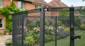 Close-up of the safety enclosure on a heavy duty 12ft trampoline
