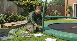 A parent assembling a new 12ft family trampoline in a UK garden setting.