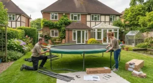A sturdy oval trampoline being assembled in a residential British garden