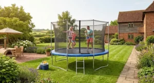 A family enjoying outdoor exercise on a spacious 16ft trampoline during a sunny British summer day.