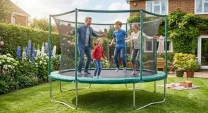 A family enjoying outdoor exercise together on a large garden trampoline.
