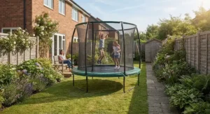 Family-friendly garden design featuring an oval trampoline perfectly proportioned for a narrow plot.