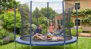 Family spending time together in the garden on their spacious 14ft trampoline