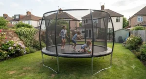 Children playing together on a classic round trampoline during a British summer