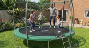 A family enjoying outdoor exercise together on a spacious 12ft trampoline in their home garden.
