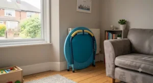 Compact foldable indoor toddler trampoline with handle stored away neatly in a small UK flat.