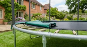 The galvanised steel frame of a heavy duty 12ft trampoline