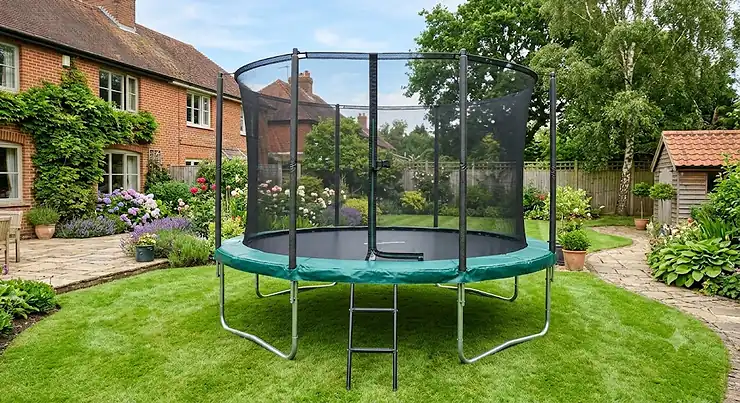A sturdy heavy duty 12ft trampoline installed in a UK garden