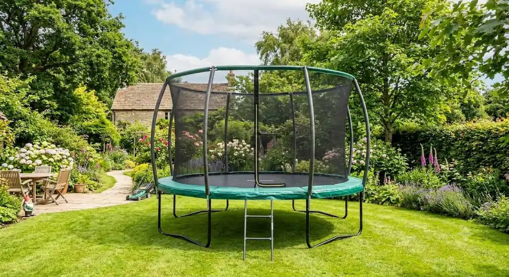 A sturdy heavy duty 14ft trampoline set up in a spacious British garden for family fun.