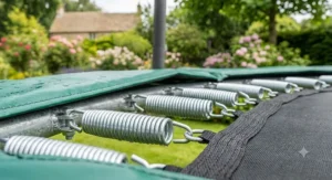 Detailed view of the premium spring system on a heavy duty 14ft trampoline for superior bounce.