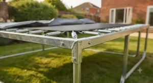 Durable galvanised steel frame of a heavy-duty rectangular garden trampoline