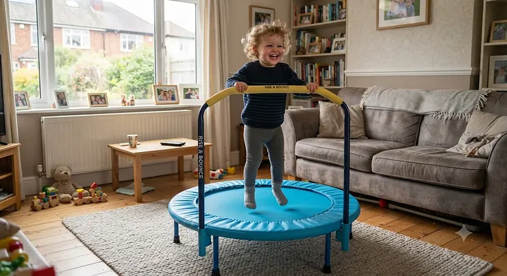 A toddler happily bouncing on an indoor toddler trampoline with handle safely set up in a British living room. indoor toddler trampolines with handle