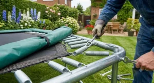 A close-up view of the sturdy springs and frame assembly of a large garden trampoline.
