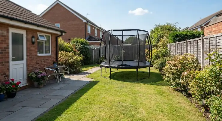 An oval trampoline fitted neatly into a narrow British garden with green lawn and patio paving.