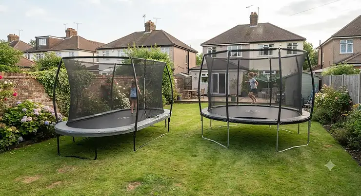 A comparison of oval and round trampolines set in a typical British back garden
