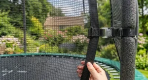Close-up showing the robust, tear-resistant safety netting on a heavy duty 14ft trampoline.