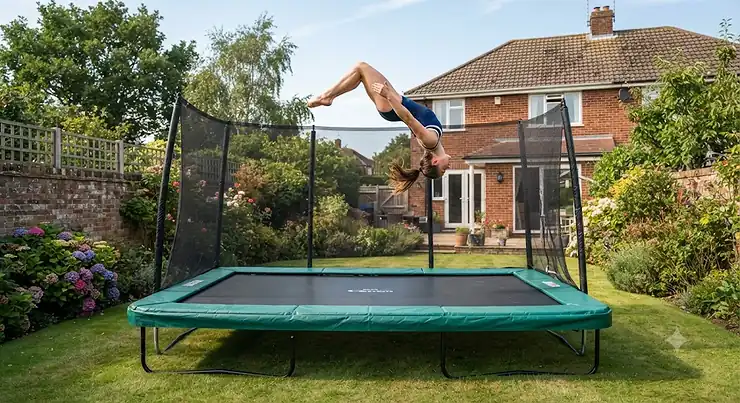A gymnast performing a high backflip on a rectangular garden trampoline in a British backyard