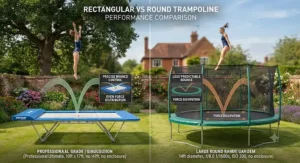 Illustration comparing bounce control and performance between rectangular trampoline gymnastics and round models