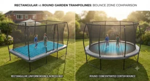 Comparison diagram showing bounce zones of rectangular and round garden trampolines