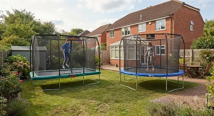 Comparison of a rectangular garden trampoline versus a round trampoline set up in a typical British back garden. rectangular vs round trampoline