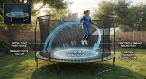 Illustration showing how a round trampoline directs jumpers naturally towards the center sweet spot