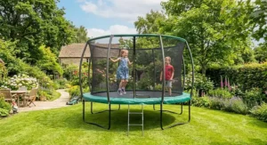 A high-quality heavy duty 14ft trampoline featuring a secure safety enclosure for children.
