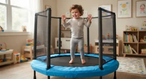 A toddler jumping on a low-to-the-ground indoor trampoline designed with protective spring covers