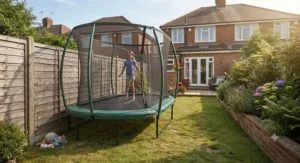 Oval trampoline with a secure safety enclosure net tailored for narrow garden perimeters.